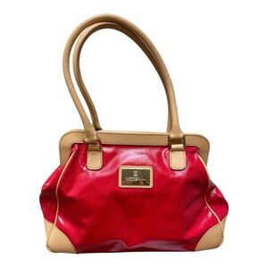 Trina Turk Red Tan Leather Canvas Tote Bag Top Preppy Casual Classic